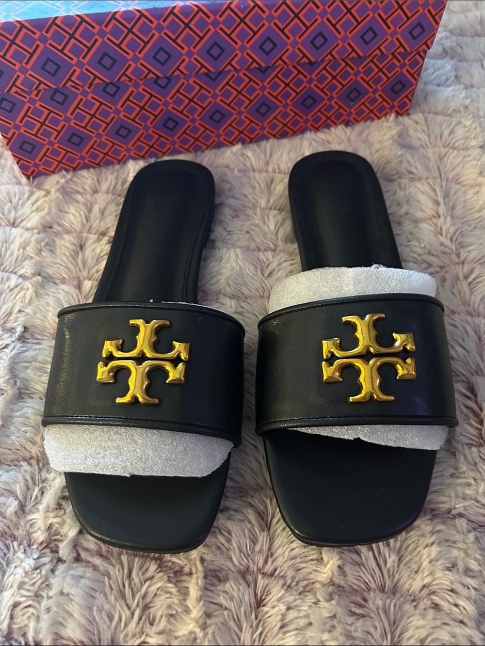 Tory Burch Black Leather Slide Sandals with Gold Logo size 40 U.S 9-9.5